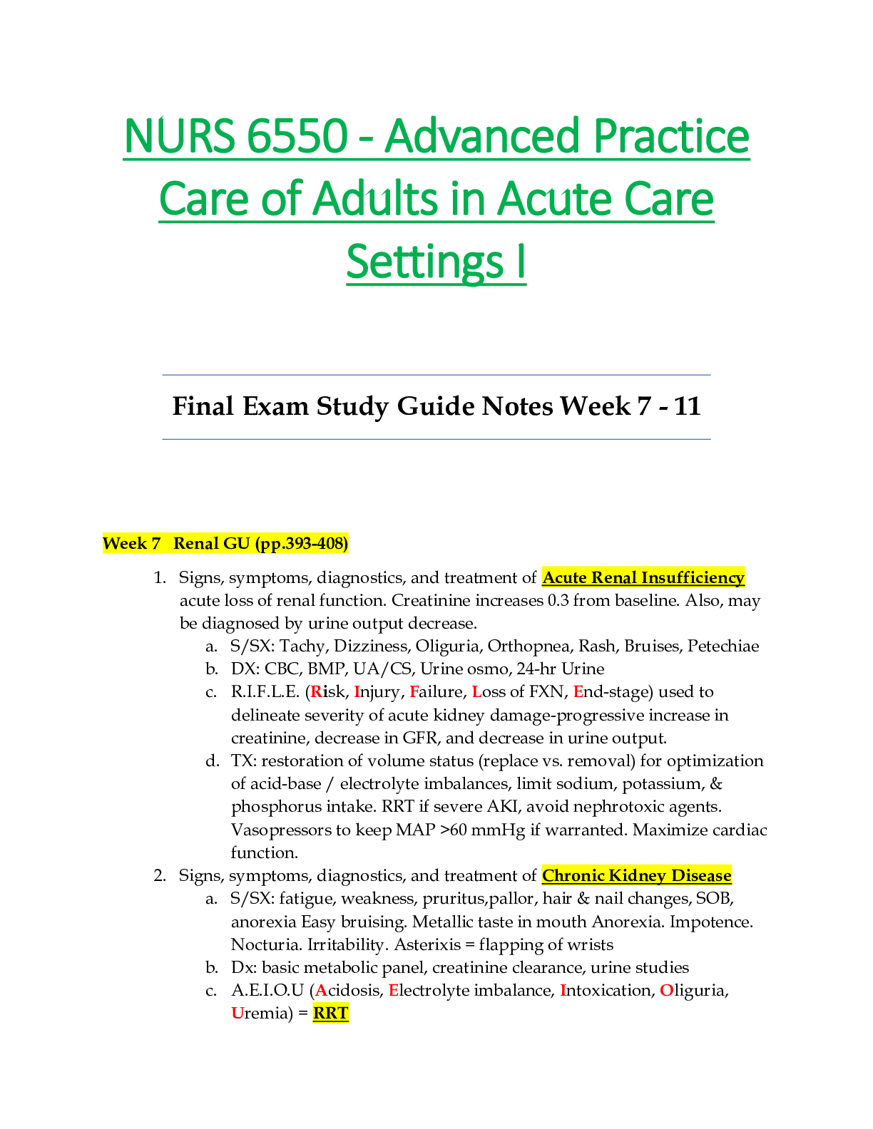 Preview of NURS6550 / NURS 6550 Final Exam Study Guide Notes Week 7 - 11  : Advanced Practice Care of
